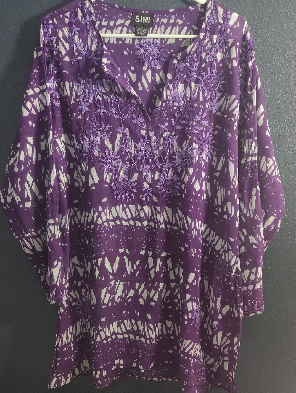 Purple Floral Cotton Embroidered Boho Women's Tunic Top Swim Coverup